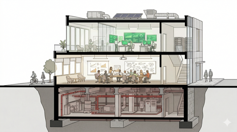 Architectural cross-section showing three layers of organizational judgment