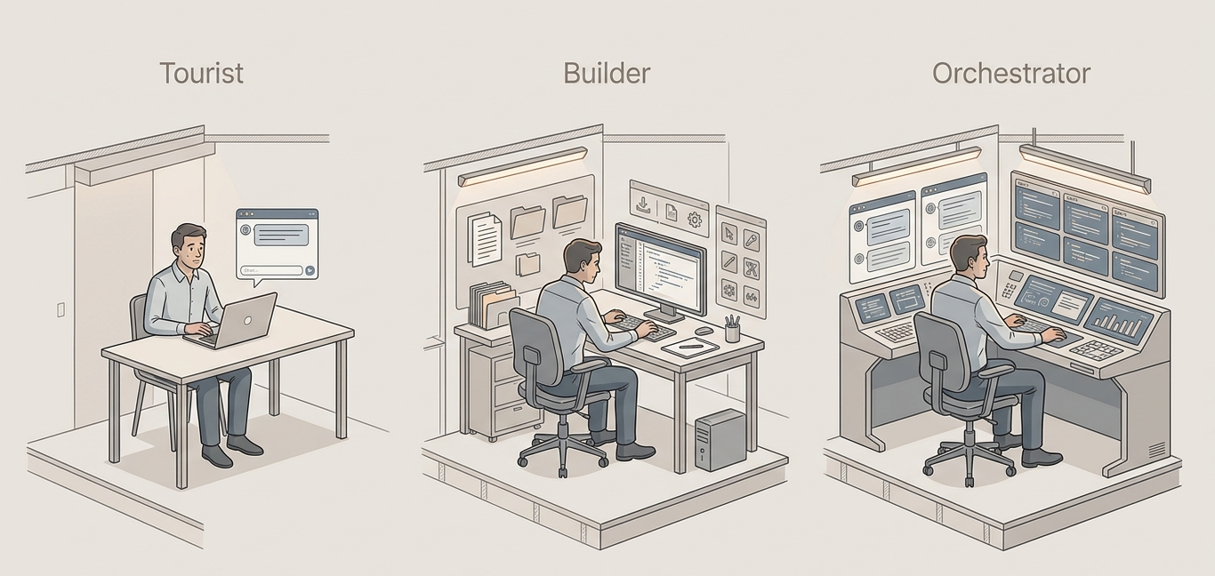 Three operator personas — Tourist, Builder, Orchestrator — illustrating the fluency progression